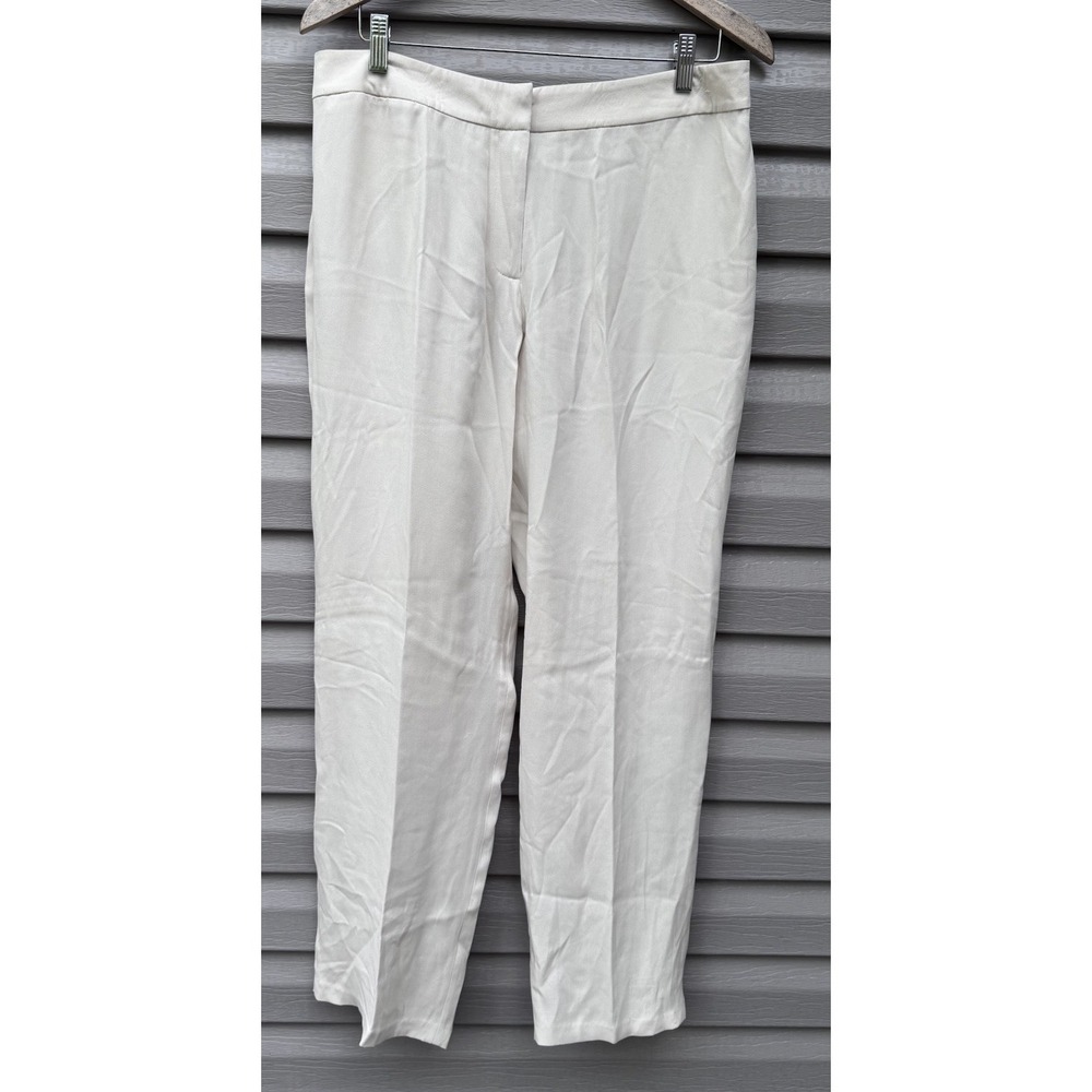 Eileen Fisher Size L Beige Silk Georgette Crepe Wide Leg Pants Quiet Luxury